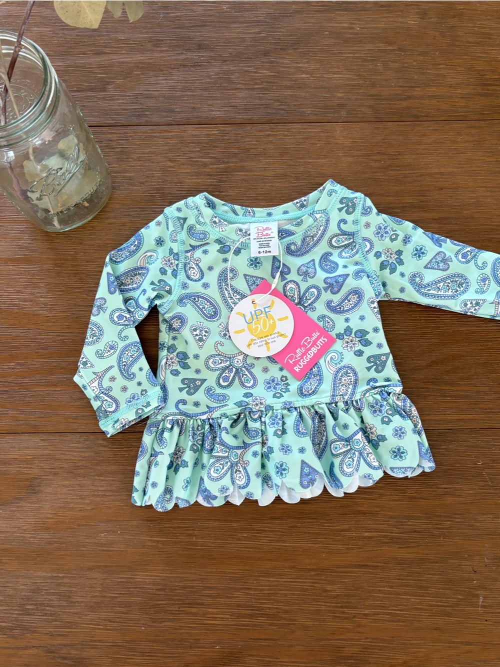 Ruffle Butts Mint Paisley Long-Sleeve Ruffle Swim Top